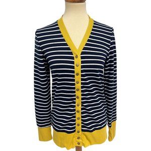 Coco And Main Women's Navy Blue Striped Yellow Button Up V-Neck Sweater Size XL